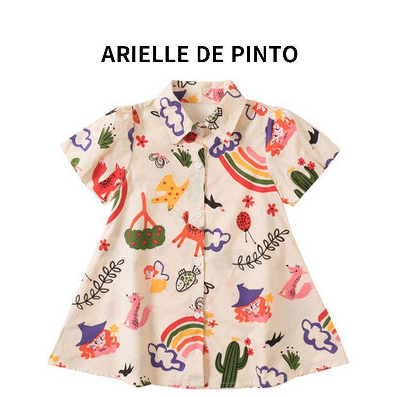 French Arielle De Pinto Girl Graffiti Puff Sleeve Dress Summer Western Style Fashion Shirt Dress Flower color 100cm