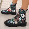 Large-Size Boots – Autumn/Winter New European & American Printed Casual Round Toe Lace-Up Low-Heel High-Top Martin Boots for Women