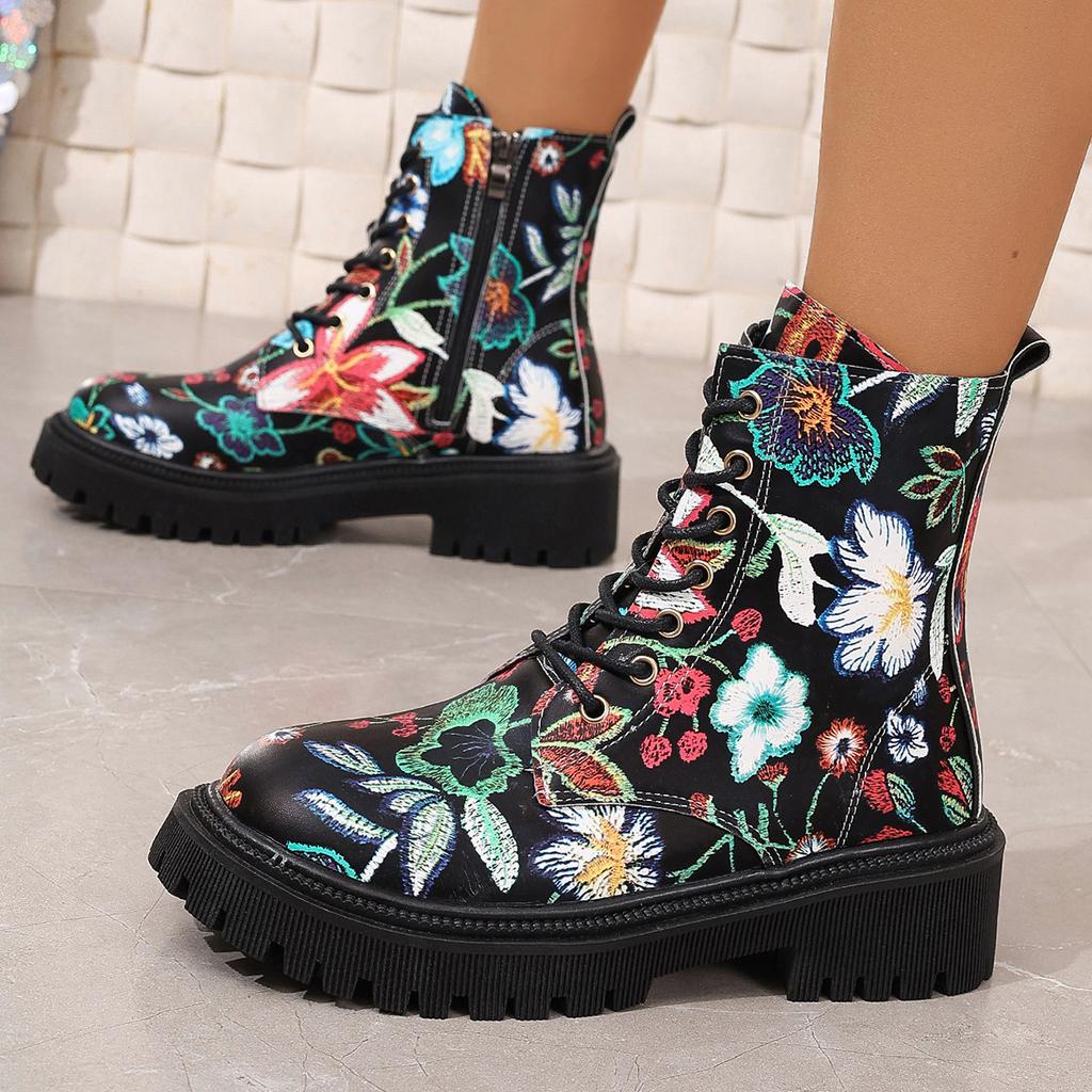 Large-Size Boots – Autumn/Winter New European & American Printed Casual Round Toe Lace-Up Low-Heel High-Top Martin Boots for Women