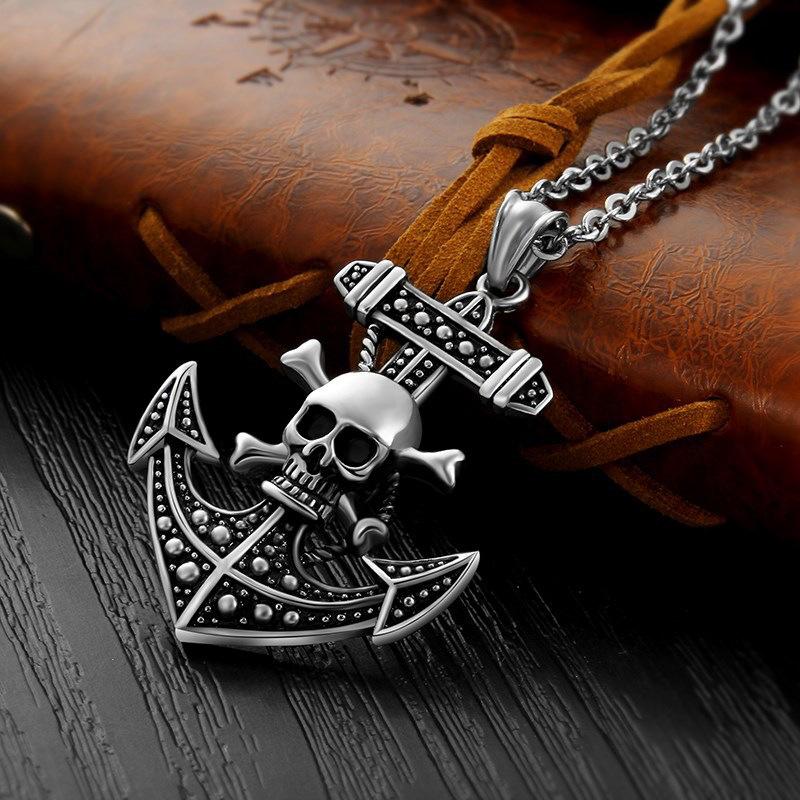 Men's Necklace, Skeleton Boat Anchor Pendant, Men's Hanging Jewelry Pendant, Steel Chain