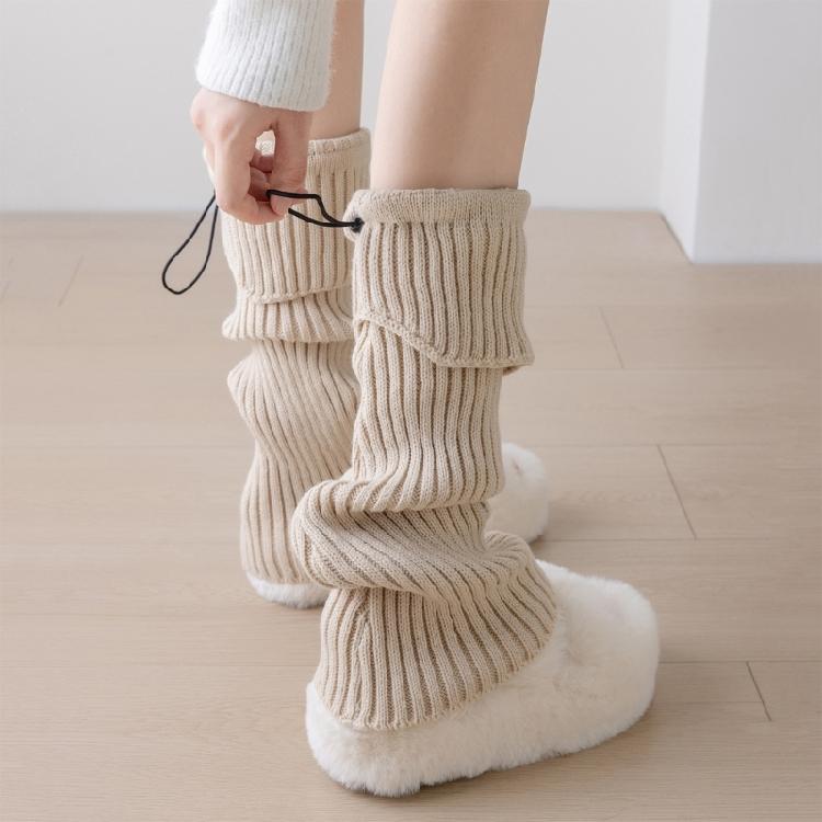 Solid Color Drawstring Leg Warmers for Women Girls Ribbed Knit Turn Cuff Boot Covers Socks for Ballet Dance Skating Yoga