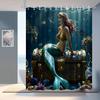 Rideau de douche Sirène Coffre au trésor sous-marin Décor Océan Fantastique Art Sirène Dorée Ensemble de rideaux de bain étanches Maison