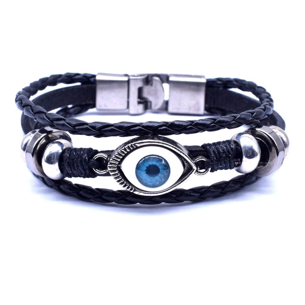 Hot Sale Black & Brown 20.5cm Hand made Leather Bracelet Men Women Evil Eye Bracelet Fashion Vintage Beads Jewelry