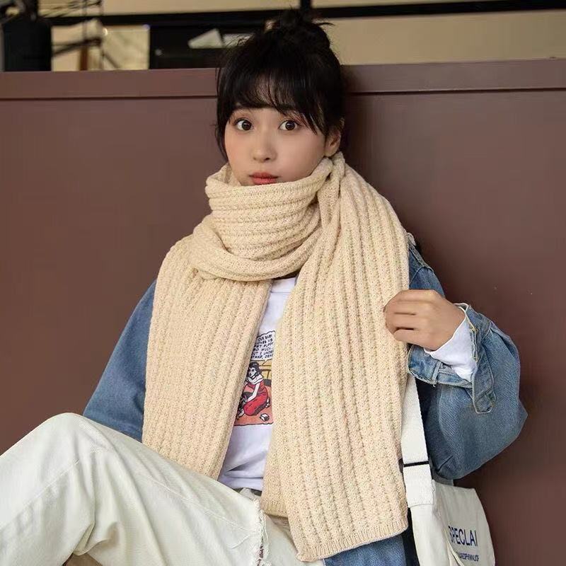 New Winter Thick Warm White Knit Scarf For Women Men Wool Soft Solid Cashmere Neckerchief Preppy Style Couple Students Scarves