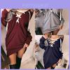 Women Sexy Lace Up Bandage Deep Off Shoulder Hoodies With Long Loose Pullover Sleeves