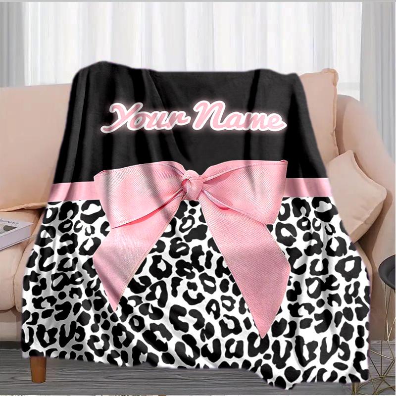 1PC Custom Name Pink Bow Leopard Print Flannel blankets Patterns Throw Blanket All-Season Soft Gift for Couch, Bed, Camping gifts