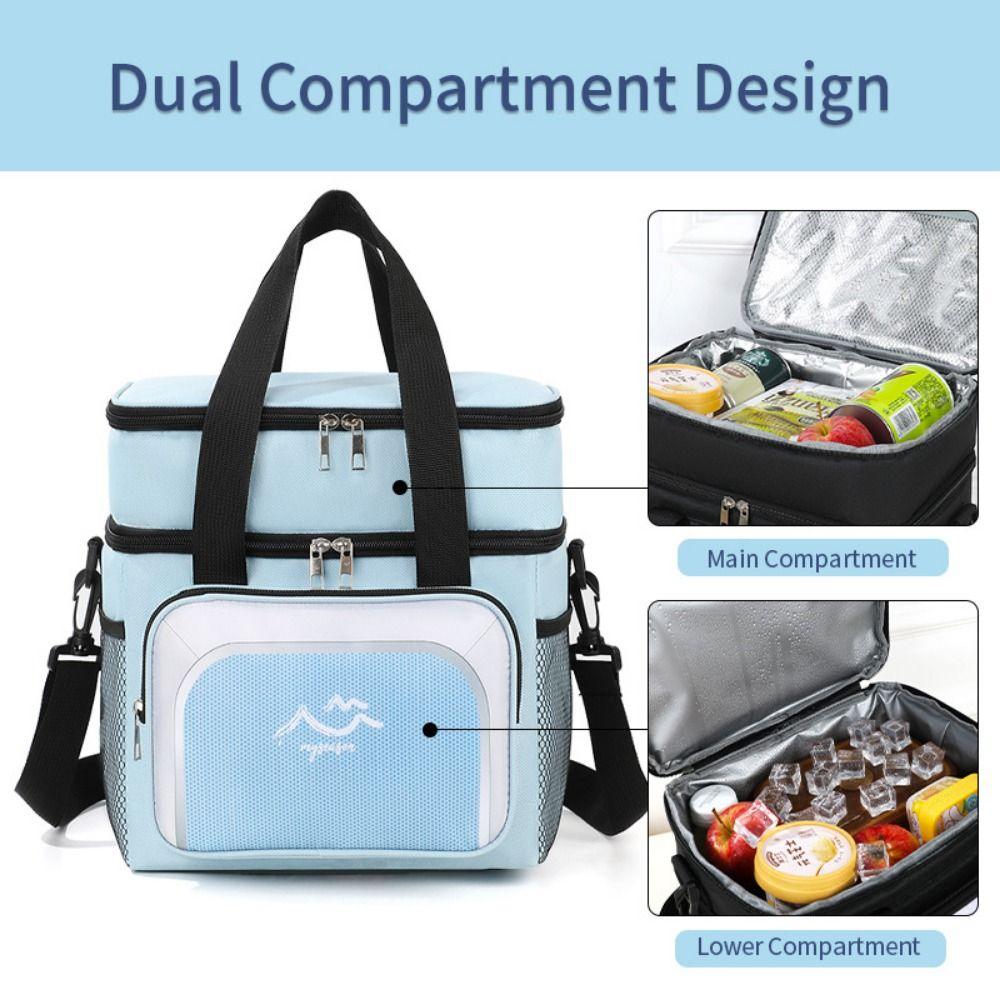 Doppelschichtige Lagerung Isolierte Lunchbox Große Kapazität Verstellbarer Riemen Lebensmittel Thermosack Frischhalte Oxford Picknicktasche Reisen