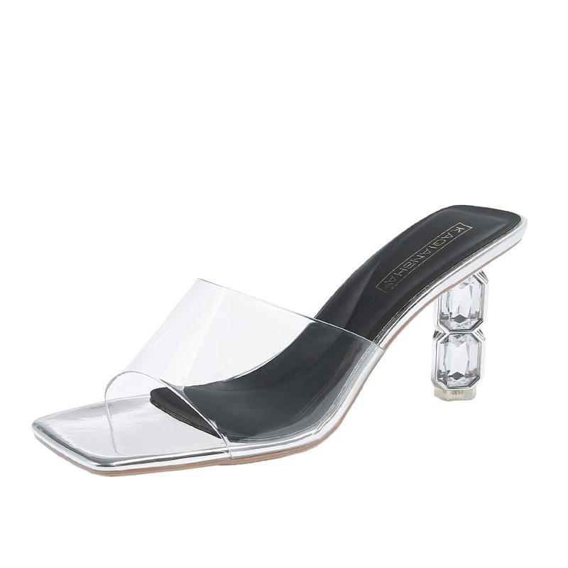 Fashion Luxury Rhinestone Thin Heel Women Sandals Transparent PVC Square Toe Slide Sandals Summer Fashion Sexy Open Toe Designer Shoes