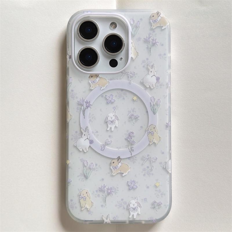 

Purple Floral Bunny Magnetic Phone Case For iPhone 17 Pro 16 15 14 Pro Max with Flower Shaker Stand Shockproof Cover fashion For iPhone 16ProMax