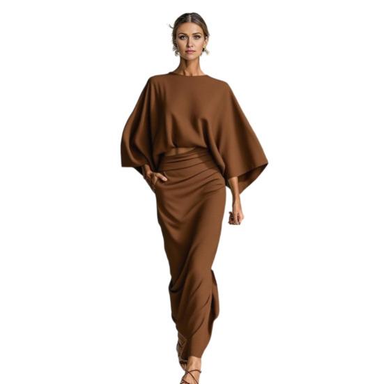 Summer 2 Piece Skirt Sets for Women Batwing Long Sleeve Top And High Waist Ruched Maxi Skirt Matching Set Summer Vacation Lounge Outfits L кофейный
