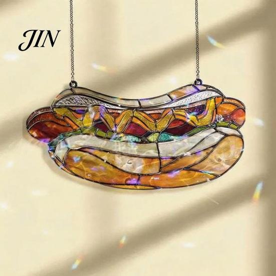 Lightweight Window Ornaments Hot Dog Stained Glass Acrylic Suncatcher, Colorful Retro Hanging Ornament with Modern Shop Soft Furnishings Metal Chain,