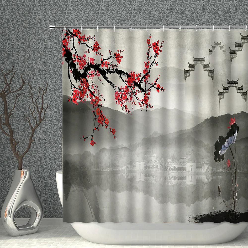 

Chinese Ink Painting Mountain Landscape Plant Flower Printing Pattern Household Decoration Waterproof Polyester Fabric With Hook W90XH180cm