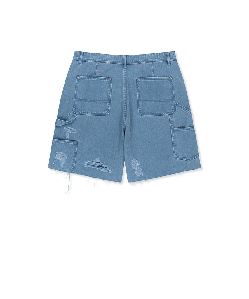 Mattengkim Heringbone Raw Cut Denim Shorts In Light Blue