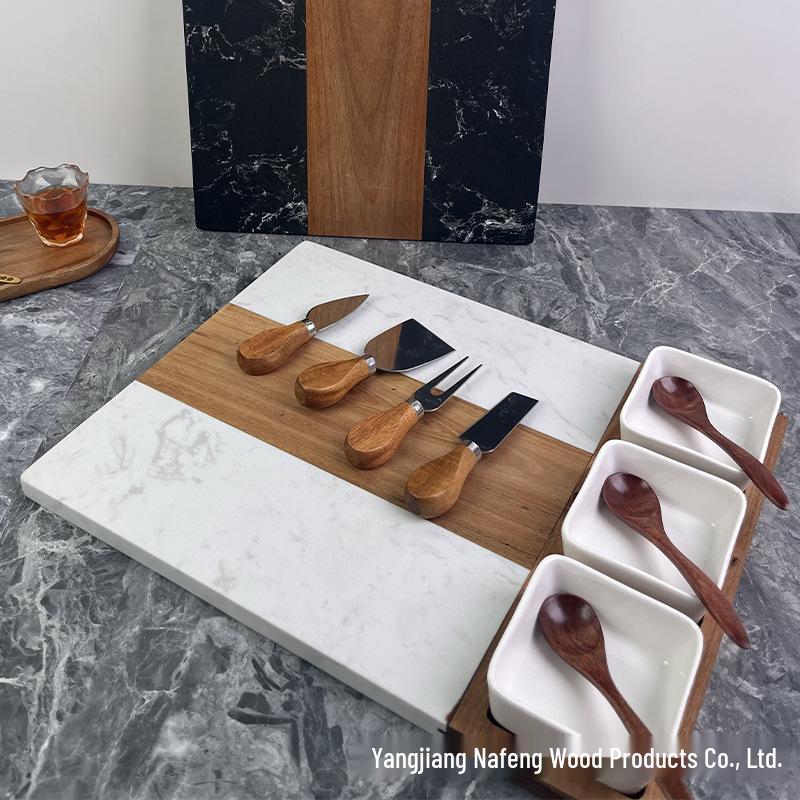Acacia Wood Cheese Board Set with Marble Cheese Knife & Fork Square