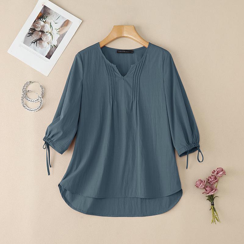 

ZANZEA Женская повседневная однотонная свободная блузка с V-образным вырезом и рукавом 3/4 синий