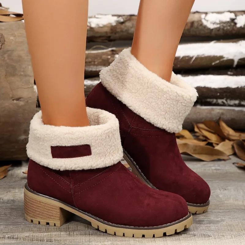 New style short boots for women, European and American short tube, thick heel, high heels, suede, plus size snow boots for women