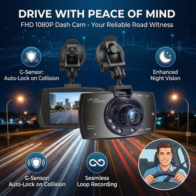1080p HD Dashcam with Infrared Night Vision, Loop Recording, and 24-Hour Parking Surveillance