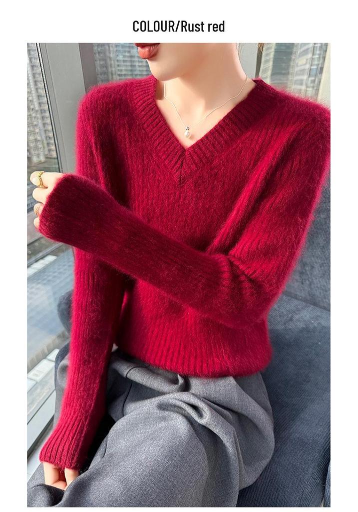 Autumn Winter Women's Thickened Mink Velvet V-Neck Sweater - Loose, Versatile Knit Base Layer Pullover