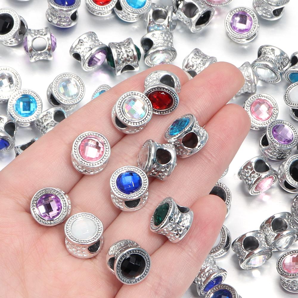 10pcs/Lot Color Alloy Rhinestone Spacer Beads Large Hole Barrel Bead for Jewelry Making DIY Charms Bracelet Hair Beads Accessory