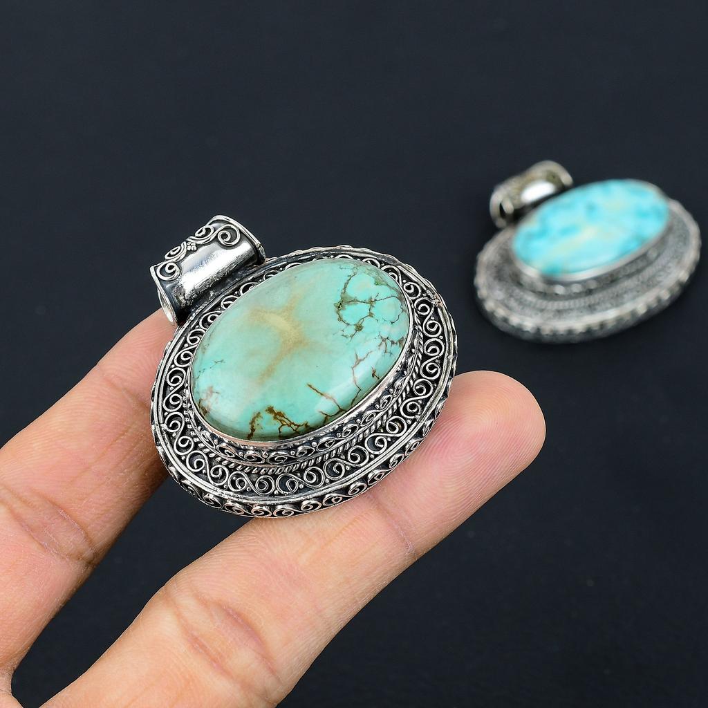Natural Tibetan Turquoise Gemstone 925 Sterling Silver Pendant 1.51" S9Q90