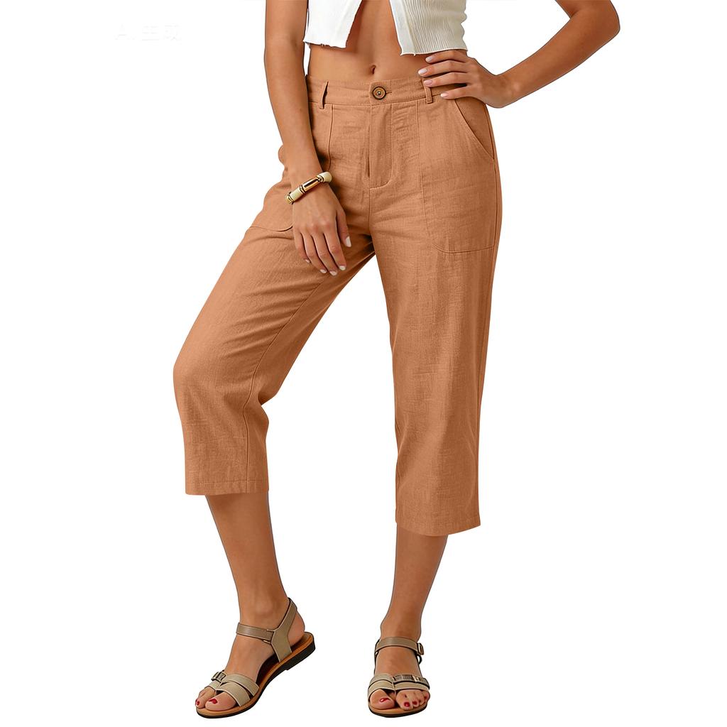 Pantaloni Capricci Larghi Elasticizzati a Vita Alta 3/4 da Donna Vestibilità Casual Pantaloni Lunghi con Tasche