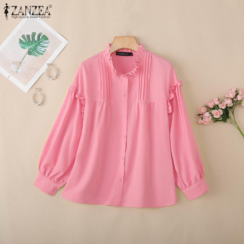 ZANZEA Damen Lässig Rundhals Einfarbig Locker Langarm Bluse