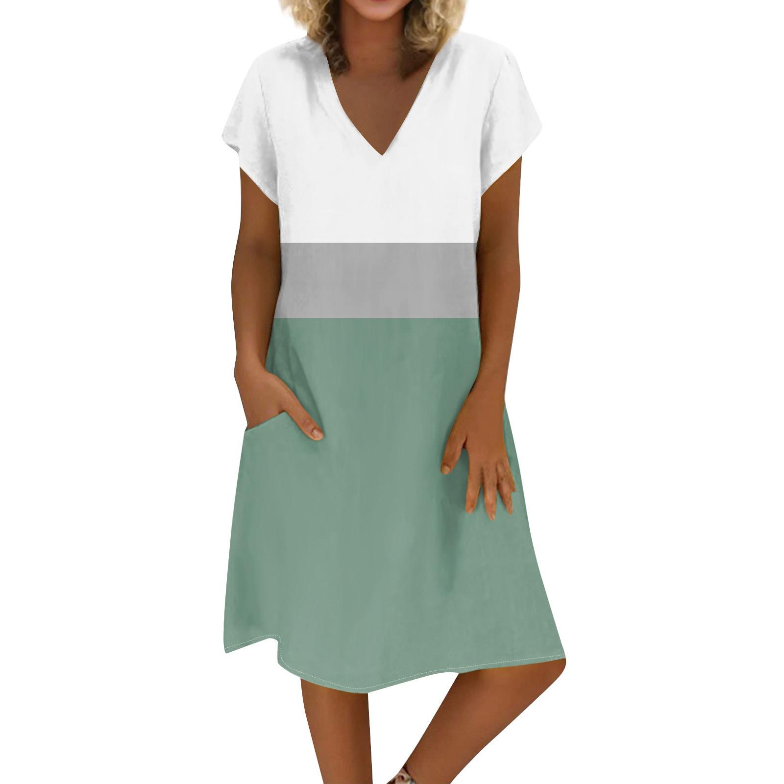 

Женское летнее платье из хлопка и льна с V-образным вырезом и короткими рукавами M розовый