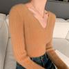 Women's Slimming Ribbed Wool V-neck Cashmere Sweater: Solid Color, Long Sleeve, Casual Knitwear