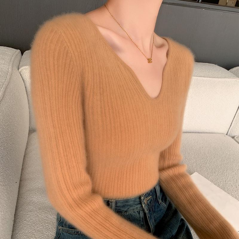Women's Slimming Ribbed Wool V-neck Cashmere Sweater: Solid Color, Long Sleeve, Casual Knitwear
