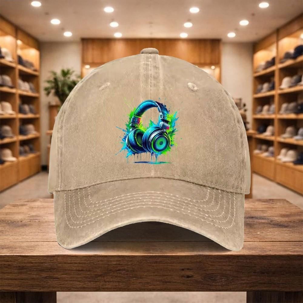Gaming Headset Print Baseball Cap Washed Denim Adjustable Sports Hat Unisex Casual Streetwear