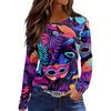 Women's Fashion Casual Slit Hem Round Neck Long Sleeve Loose Printed T-Shirt Top