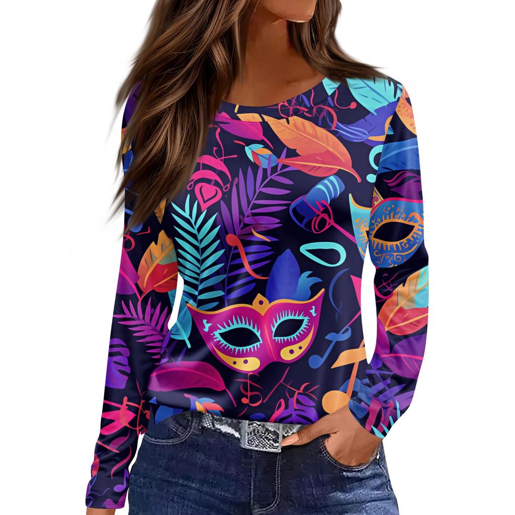 Women's Fashion Casual Slit Hem Round Neck Long Sleeve Loose Printed T-Shirt Top