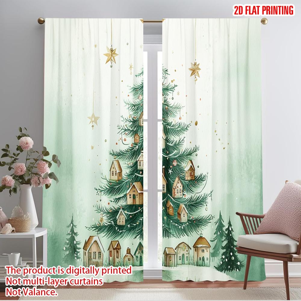

2pcs,2D plane printing Curtain Popular Christmas Tree Village Stars Versatile Polyester Fabric (without rod) Holiday Use for 52.50×116.00 CM 2pcs