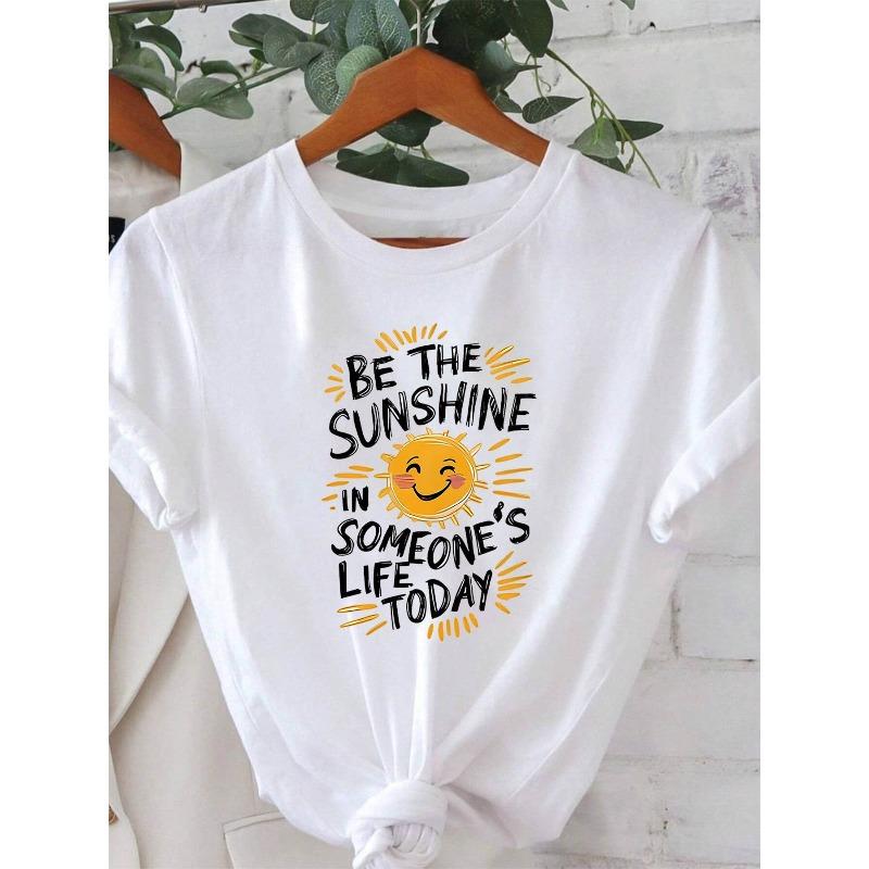 Plus Size, Women s Plus Size Oversized T-Shirt Suitable for Summer & Spring -  Be the Sunshine  Smiling Graphic Print 2XL белый