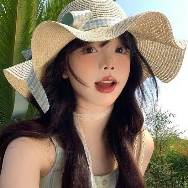 WTEMPO Floral Plaid Printed Cloth Bow Retro Elegant Large Brim Foldable Sun Hats Women's Solid Color Casual Versatile Summer Sunscreen Beach Hats