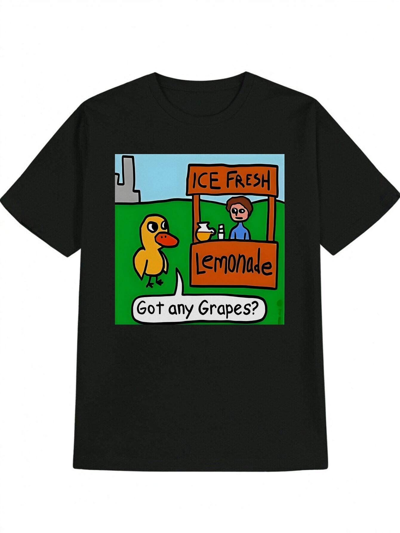 Casual Crew Neck T-shirt with Duck Lemonade Stand Graphic - ICE FRESH Lemonade & Got any Grapes? Design XXXL