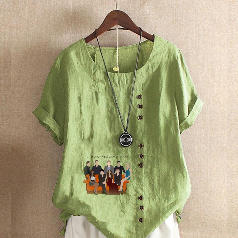 

Женская модная семейная футболка с круглым вырезом и короткими рукавами, повседневная хлопково-льняная рубашка с рисунком, свободная летняя блузка для отдыха, топы 5XL зелёный