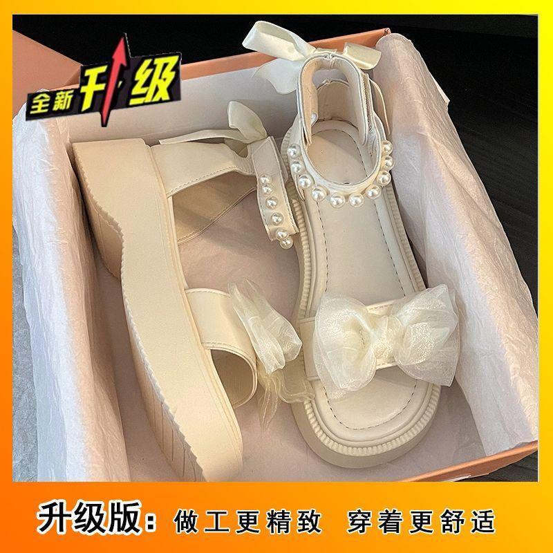 Pearl one-word buckle non-slip with skirt Roman shoes women's 2025 new summer muffin platform bow sandals