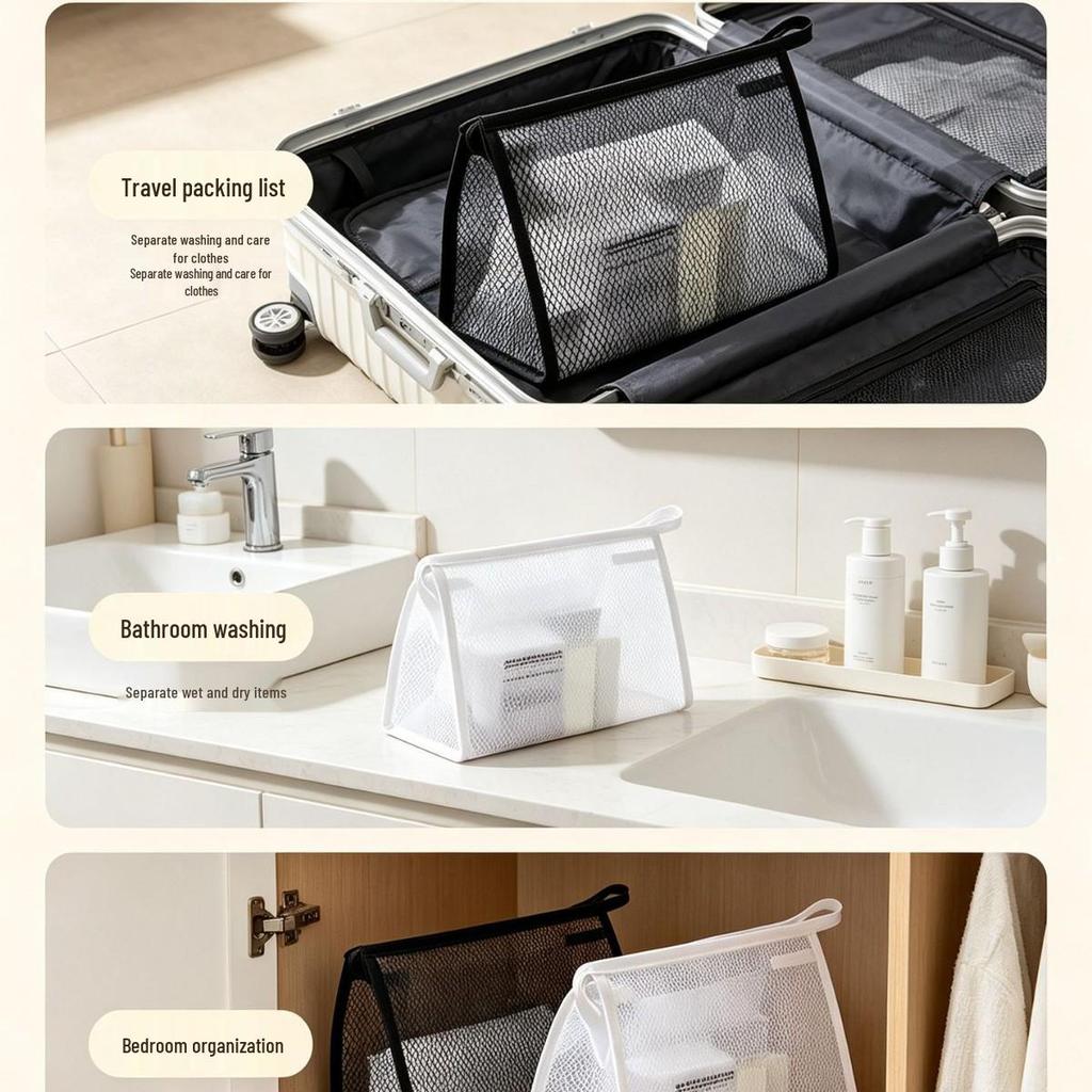 Transparent 3D EVA Mesh Makeup Wash Bag - Black & White, Portable Travel Storage