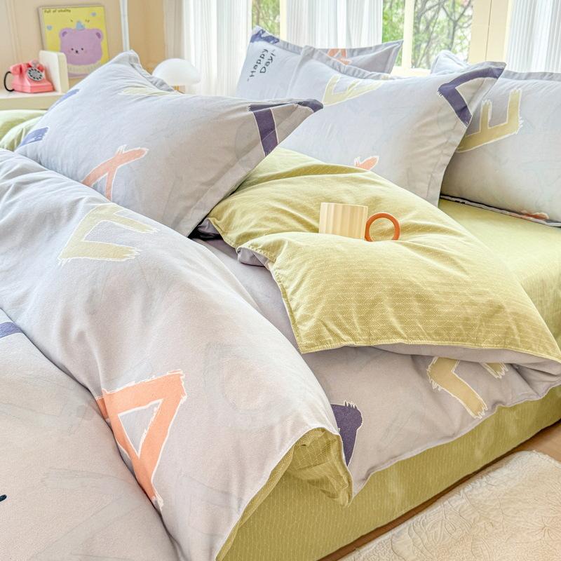 Cotton 4-piece Set Thickened Brushed Fresh Cotton Bed Sheet Quilt Cover Hats Models Dormitory 3-piece Set