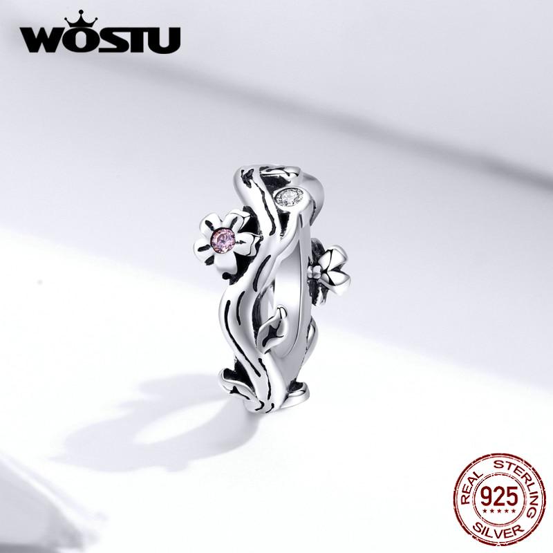 WOSTU 925 Sterling Silver Sakura vetvy Korálky Kvetina Vintage kúzla Fit Originálny prívesok na náramok