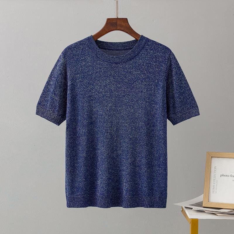 

Вязаные футболки с круглым вырезом и коротким рукавом для женщин, свободные пуловеры, топы в стиле ретро, ​​стильные женские блестящие шифоновые блузки из ледяного шелка, рубашки one size