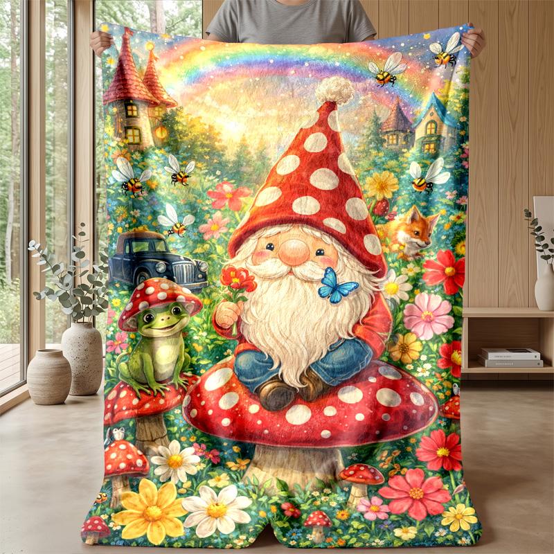 Gnome Rose Pattern Theme Blanket Lightweight Warm Flannel Blanket Decorative Throw Blanket for Home Decoration