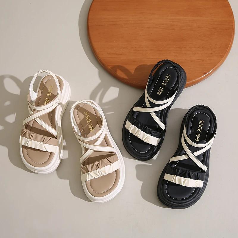 Sandale de plajă pentru femei 2025 Tocuri groase de lux Vârf deschis Vară fete confortabile modă perle asortate cataramă plisată