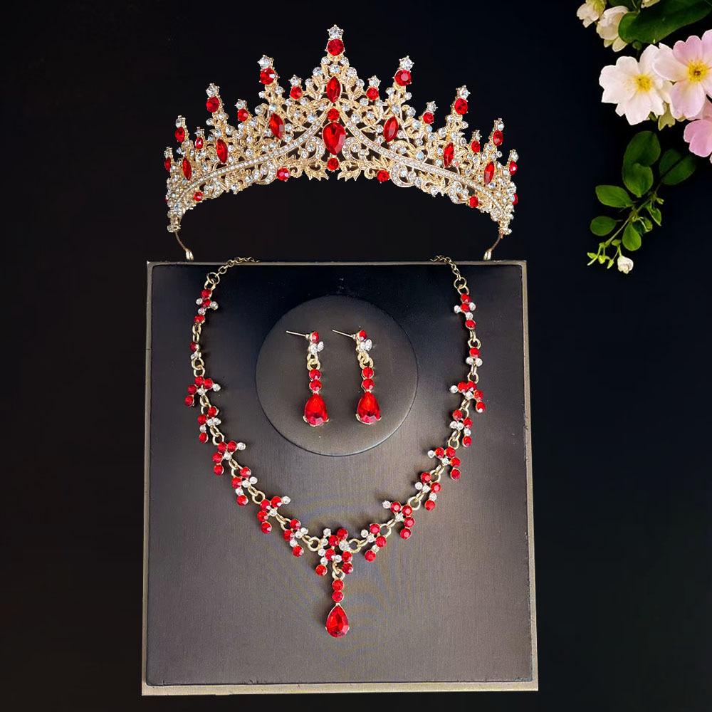 New Bridal Tiara Crown Three Piece Set  Wedding Necklace Earrings Crystal Set  Wedding Accessories