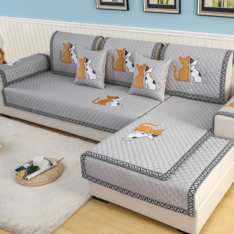 Non-Slip Sofa Cushion Thickened Fabric Four Seasons Universal Cushion Simple Modern Cartoon Cat Skin PrintingRetro Chinese Style