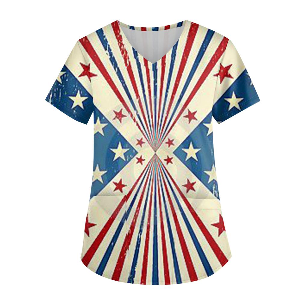 Ladies' Independence Day printed fashionable V-neck pocket short sleeved uniform and caregiver top
