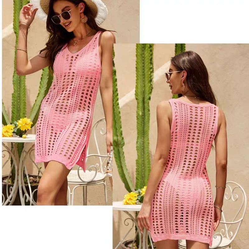 Fashion Knitted Hollow Out Tank Top Beach Cover Up Dress Summer Vacation Bikini Sunscreen Shirt Short Beach Dress Holiday Elegant Loose Clothing