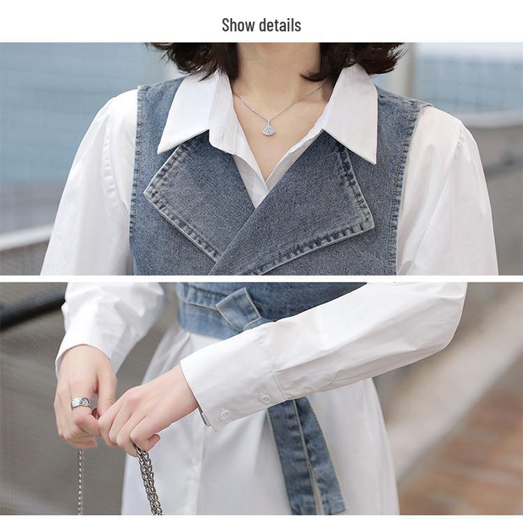 Elegant 2025 Spring/Summer Two-Piece Set: Solid Shirt + Denim Vest