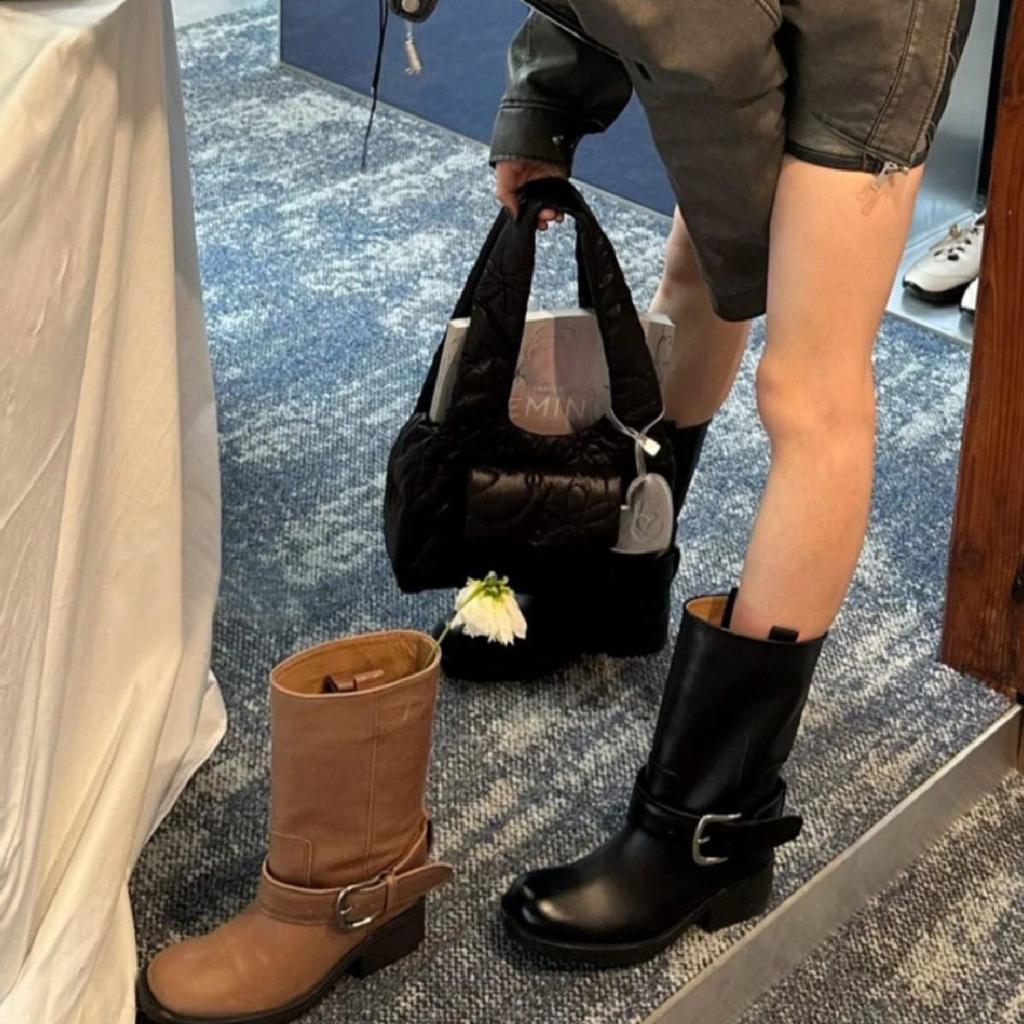 Cowhide Version~ Korean Wide Tube Leather Thick-soled Medium Tube Boots Women's Fat Mm Thick Leg Knight Boots Martin Western Boots Short Boots